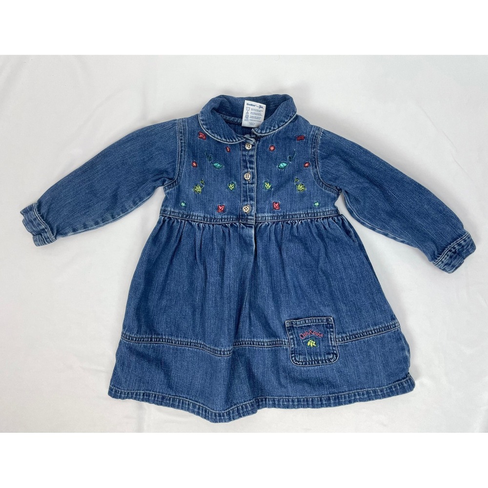 Oshkosh B'gosh Girl 3T Denim Jean Dress Blue Long Sleeves Leaves Toddler